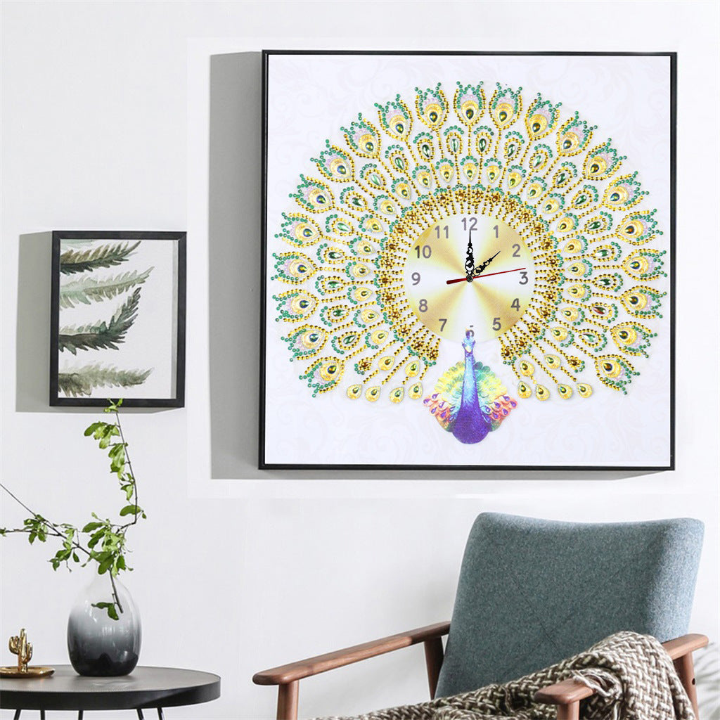 Non-full Diamond Special-shaped Brick Stone Embroidery Peacock Creative Clocks Diamond Painting